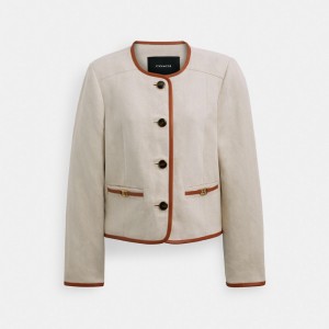 Coach Heritage C Canvas Cardigan Jacket With Leather Trim Saddle/Cream | COH865941