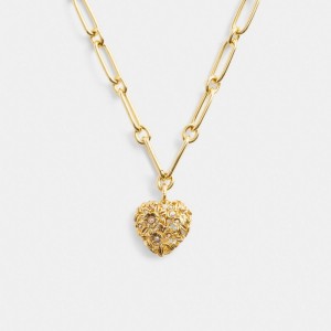 Coach Vintage Heart Pendant Chain Link Necklace Gold | COH866168