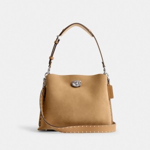 Coach Willow Shoulder Bag With Rivets Silver/Peanut | COH864953
