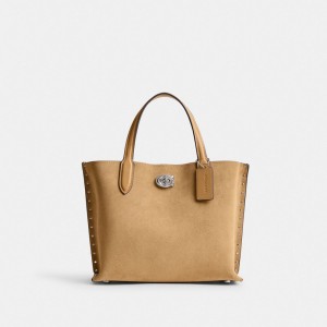 Coach Willow Tote Bag 24 With Rivets Silver/Peanut | COH865393